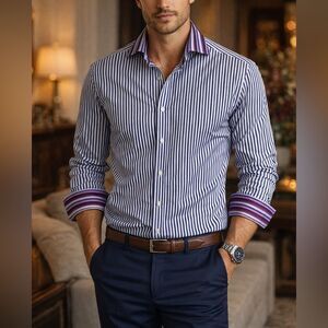 Etro Milano Striped Button Down Shirt Blue Purple Contrast Cuff US L